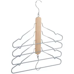 Relaxdays Mehrfach Kleiderbügel, platzsparend, 4 Hemdenbügel mit Hosensteg, Holz, Metall, Antirutschbügel, natur/grau
