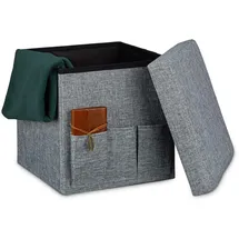 Relaxdays Sitzhocker faltbar, HxBxT:38x38x38cm, stabil, mit 3 Seitentaschen Sitzwürfel aus Leinen grau