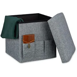 Relaxdays Sitzhocker faltbar, HxBxT:38x38x38cm, stabil, mit 3 Seitentaschen Sitzwürfel aus Leinen grau