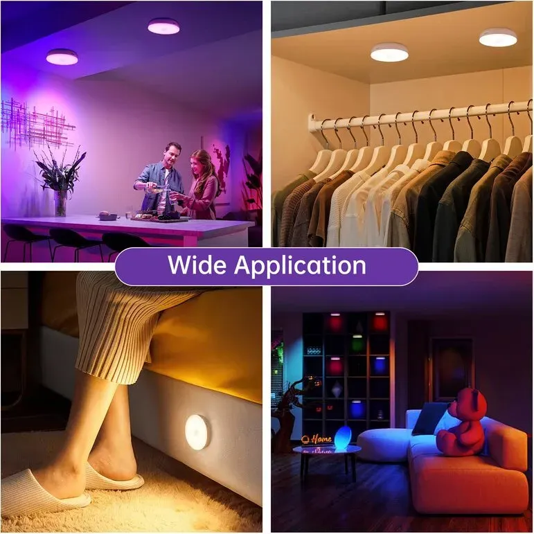 Bewegungsmelder-Lichter für den Innenbereich, 6er-Pack RGB-Puck-Lichter mit Fernbedienung, kabellose wiederaufladbare LED-Nachtlichter für Wand, Treppe, Küche, Schrank, unter Schränken, Kleiderschrank,Homelist