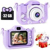 Kinderkamera, 1080P Digitalkamera für Kinder, 5,1 cm IPS-Bildschirm, Dual-Objektiv-Digitalkamera mit 32 GB SD-Karte und Kartenleser (Lila)