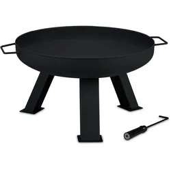 Relaxdays Feuerschale Durchmesser 60 cm, inkl. Schürhaken, Garten & Terrasse Feuerstelle, rund, Feuerkorb Stahl, schwarz