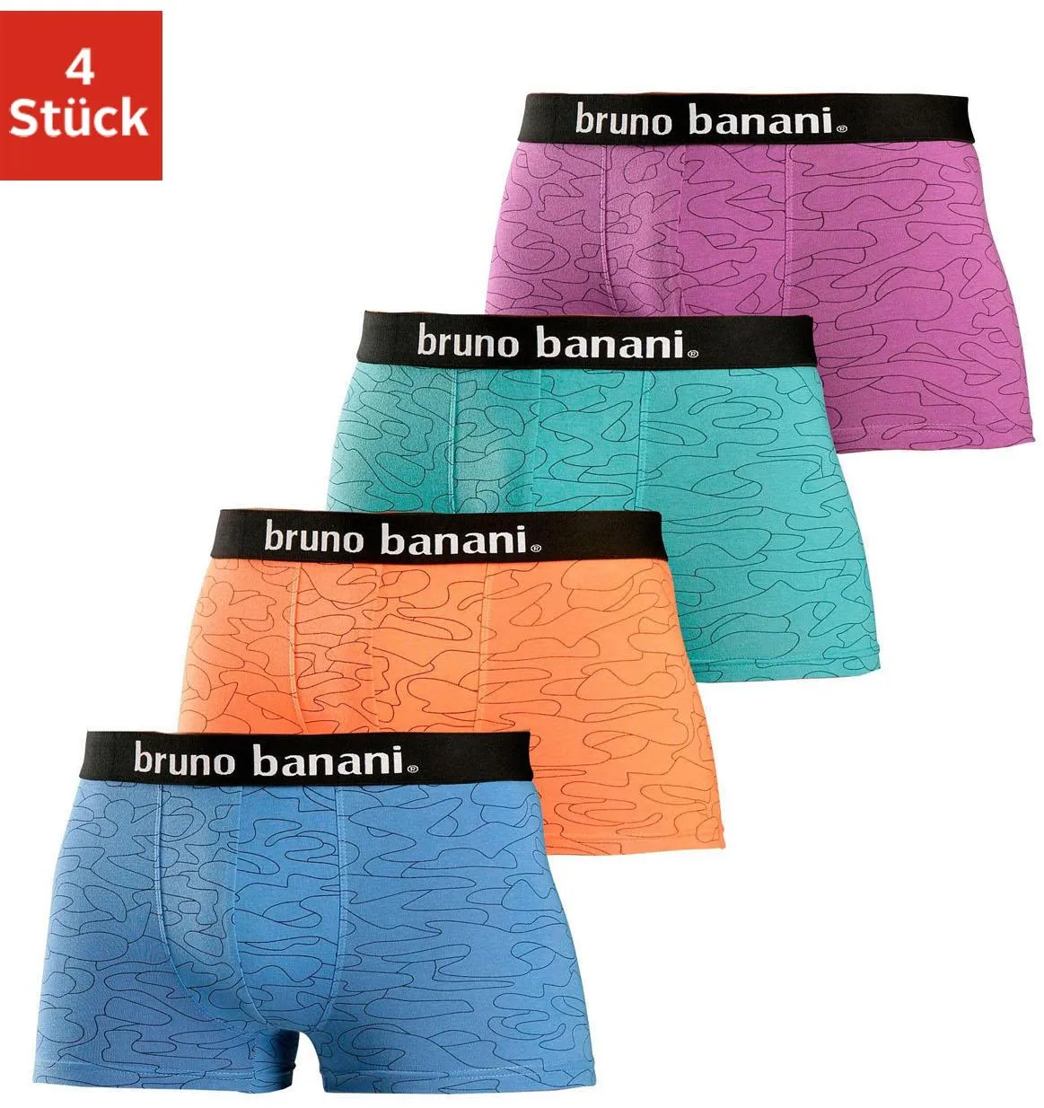 Bruno Banani Boxer, (Packung, 4 St.), mit Kontrast-Webbund Bruno Banani blau-bedruckt, orange-bedruckt, türkis-bedruckt, lila-bedruckt L