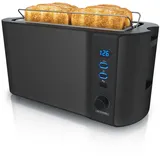 Arendo - Edelstahl Toaster Langschlitz 4 Scheiben - Defrost Funktion - wärmeisolierendes Gehäuse - mit integriertem Brötchenaufsatz - Krümelschublade - Display mit Restzeitanzeige - Schwarz Matt