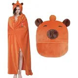 MSISILY Tragbare Decke Hoodie Kuscheldecke Mit Ärmeln, Decke Zum Anziehen Große Capybara Decke Geschenk für Frauen, Erwachsene und Kinder