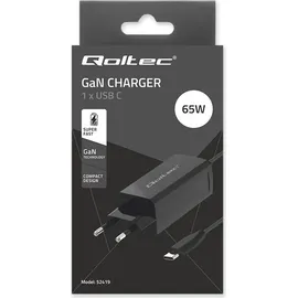 Qoltec 52419 65 W GaN Super-Schnellladegerät 5–20 V 3–3 25 A USB-C 3.1 - Schwarz