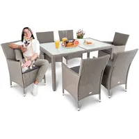 di volio Polyrattan Sitzgruppe Verona - Lounge Gartenmöbel-Set für Garten oder Terrasse, Tisch mit Glasplatte + 6 Stühle - Lounge-Set in Rattan-Optik grau