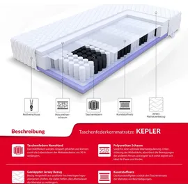 Fdm Kepler Taschenfederkernmatratze 100x200 cm 7-Zonen Matratze Höhe 20 cm Punktelastizität Härtegrad H2 H3 Polyurethan-Schaum Matratzenbezug Jersey