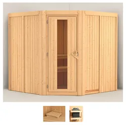 Sauna KARIBU "Jarin", beige (naturbelassen), ohne Ofen, (ohne Ofen), Saunen, ohne Ofen