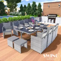 Swing&Harmonie Poly Rattan Sitzgruppe Esstisch Lounge Gartenmöbel Sitzgarnitur Set + 8x Stühle + 4x Hocker - grau