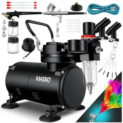 MASKO® Airbrush-Set mit Kompressor 4 bar inkl. Airbrush-Pistolen   Lackierpistole Komplett-Set Tattoo Kunst Malerei   Nadeln & Düsen im Zubehör   Multifunktions Dual-Set mit Manomter & Luftfilter