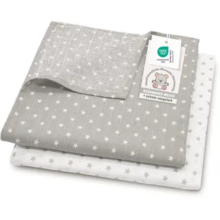 ZOLLNER 2er Set Musselin Spucktücher in 120x120 cm aus Baumwolle - hautfreundliche Mulltücher mit süßen Sternen - besonders weich und saugstark - waschbar bis 60°C - in grau weiß