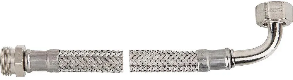 Panzerschläuche KTW-A mit Edelstahlumflechtung L=300mm 3/8'' IGÜ-Bogen x AG