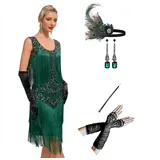 MIMIKRY 20er Jahre Flapper Damen Kostüm Grün Fransen-Kleid mit Pailletten und 4-tlg. Pfau Zubehör-Set, Größe:S