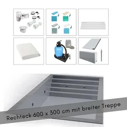 Rechteckbecken-SET 600 x 300 x 150 cm mit Treppe über gesamte Breite Hellgrau
