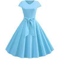 SALUCIA Damen 1950er Vintage Retro Rockabilly Kleider Elegant V Ausschnitt Kurzarm Schwingen Cocktailkleid Partykleid Abendkleider mit Schleife Gürtel - EU 32 / Herstellergröße: S