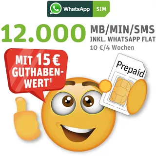 WhatsApp SIM Prepaid - Starterpaket mit 15 EUR Guthabenwert, ohne Vertragsbindung, Option mit 12.000 Einheiten (MB/MIN/SMS), Surf-Geschwindigkeit: 50 MBit/s 5G