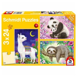 Schmidt Spiele Puzzle Panda Faultier & Lama 3 x 24 Teile, Puzzleteile bunt