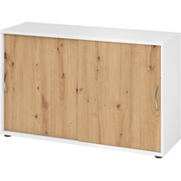 bümö Schiebetürenschrank "2OH" - Aktenschrank abschließbar, Sideboard Schrank mit Schiebetüren in Weiß/Asteiche - Büroschrank aus Holz mit