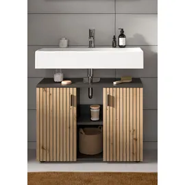 WELLTIME Waschbeckenunterschrank WELLTIME "MANI, Paneeloptik, 2 offene Fächer, Siphonausschnitt", basalt nachbildung, artisan oak nachbildung, B:80cm H:59cm T:30cm, FSC-zertifizierter Holzwerkstoff, Schränke, Waschbeckenunterschrank, WBU, Waschbeckenunterschrank,