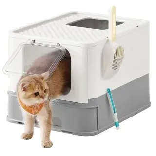 Songmics FEANDREA Katzentoilette, mit Deckel weiß/ grau