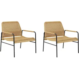 Beliani 2er-Set Gartenstühle Natur mit schwarzem Rahmen Rattan Geflecht Metallrahmen modernes Design Outdoor Sitzmöbel