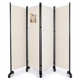 VOUNOT VOUNOT® Paravent Raumteiler 4 Teilig auf Rollen Freistehend Stoff Trennwand Klappbar Sichtschutz Stellwand für Balkon Wohnzimmer Schlafzimmer und Büro 228 x 30 x 171 cm Beige