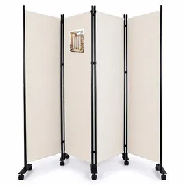 VOUNOT VOUNOT® Paravent Raumteiler 4 Teilig auf Rollen Freistehend Stoff Trennwand Klappbar Sichtschutz Stellwand für Balkon Wohnzimmer Schlafzimmer und Büro 228 x 30 x 171 cm Beige