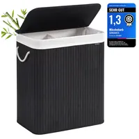 Songmics Wäschekorb 2 Fächer, 100 L mit Deckel, Wäschebox Bambus, mit Griffen, faltbar, Wäschesack herausnehmbar maschinenwaschbar, Waschküche, schwarz