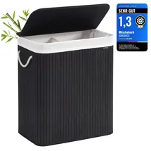 Songmics Wäschekorb 2 Fächer, 100 L mit Deckel, Wäschebox Bambus, mit Griffen, faltbar, Wäschesack herausnehmbar maschinenwaschbar, Waschküche, schwarz