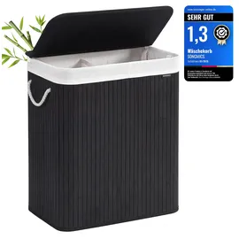 Songmics Wäschekorb 2 Fächer, 100 L mit Deckel, Wäschebox Bambus, mit Griffen, faltbar, Wäschesack herausnehmbar maschinenwaschbar, Waschküche, schwarz