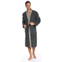 Egeria Herrenbademantel Bruno, ideal für Sauna & Spa, Hotelbademantel, Morgenmantel, Langform, Walkfrottee, Kimono-Kragen, Gürtel, Kimono mit Streifenbordüre, 100% Baumwolle grau M | 120 cm