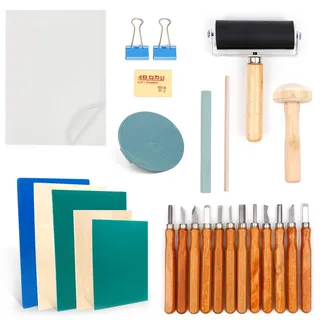 53 Stück Lino-Schneid und Druckset, Blockdruck Starter Kit, mit Stempelblock, Bildhauerwerkzeugen, Pauspapieren und Mischblock für Stempelschnitzerei und Druckgrafik