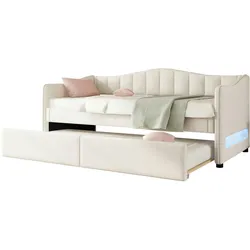 Merax Daybett, 90x200cm Tagesbett mit ausziehbarem Bett, Schlafsofa, Einzelbett(Ohne Matratze), Leinen, minimalistisches Styling, beige