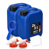 Trevendo 2er-Set Wasserkanister - Kunststoffkanister (5 Liter, DIN 51, Ø44 mm, blau) - lebensmittelecht & BPA-frei - inkl. Deckel, 2 Auslaufhähne, Ringschlüssel & 5 Beschriftungsetiketten