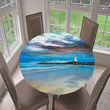 Morbuy Rund Tischdecke Elastisch, 3D Gemälde Rund Tischdecken Wasserdicht Lotuseffekt Abwaschbar Abwischbar Tischtuch für Dekoration Küchentisch Garten Outdoor (Durchmesser 90cm,Leuchtturm)