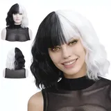 MORTICIA Weiß und Schwarz Kurze Lockige Frauen Bob Full Bang Wavy Texure Hitzebeständige Synthetische Kurze Frauen Perücke (Weiß und Schwarz)