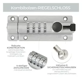 HMF Riegelschloss 3591-09, Türriegel mit 4-stelligem Zahlencode aus Zinklegierung, 12,2 x 4 x 4,8 cm, Silber