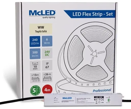 McLED LED-Band - Satz 4 m, 240 LED/m, WW, 6 W/m, DC 24V, 500 lm/m, CRI90, IP67, 10 mm, Konduktor 3 m ML-126.034.90.S04001