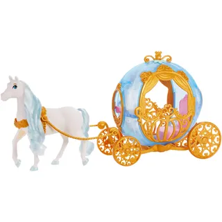 Mattel Disney Prinzessin Cinderellas rollende Kutsche mit goldenen Details und Schimmel mit Mähne und Schweif zum Bürsten, inspiriert vom Disney-Film, HYM33