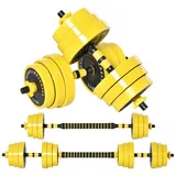 Homcom Hantelset 2in1 gelb Eisen B/H/L: ca. 19,5x19,5x152 cm & Langhantel Einstellbare ergonomische 3-in-1 Hantelset,12 × Platten,2 × Kurze Stöcke,1 × Langer Stock,Gelb+Schwarz