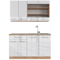 Vicco Küchenzeile Küchenblock Einbauküche Fame-Line Single Eiche Weiß 140 cm ohne Arbeitsplatte, Hochglanz/Goldkraft