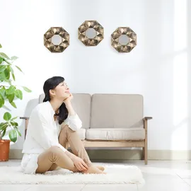 Relaxdays Spiegel 3er Set Blume, achteckiger Zierspiegel, Wohnzimmer, Flur, Dekospiegel, 25 cm, Kunststoff-Rahmen, Gold