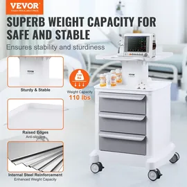 Vevor Laborwagen mit 4 Ebenen, Laborwagen mit 3 Schubladen und 1 oberen Ablage, mobiler medizinischer Wagen aus ABS-Material, Laborrollwagen mit 4 leisen Rädern für Labor, Klinik, Krankenhaus, Salon, weiß