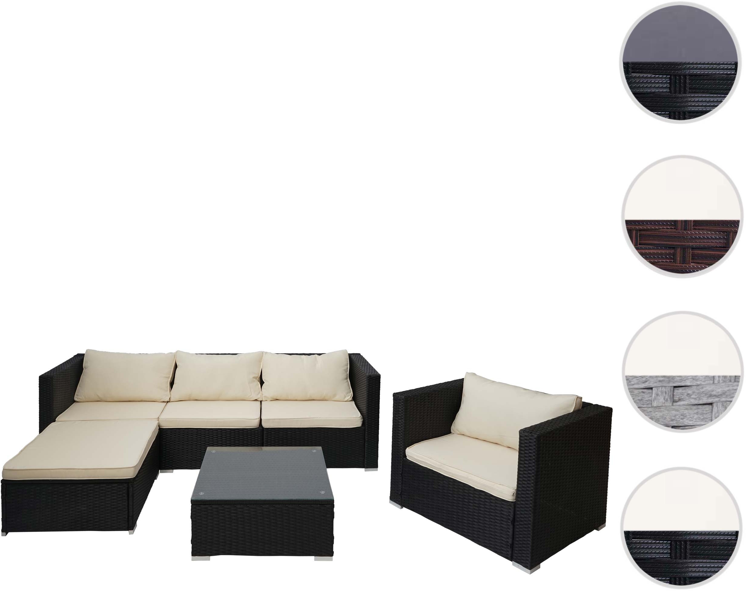 Poly-Rattan-Garnitur Brescia, Gartengarnitur Sitzgruppe Sofa Lounge-Set ~ schwarz, Kissen creme