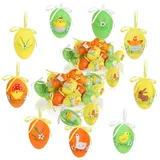 COM-FOUR® 36x Ostereier zum Aufhängen 6 cm - Bunte Ostereier mit Blumen und Tieren - Hängedeko für den Osterstrauß (Küken/Hase - 02)