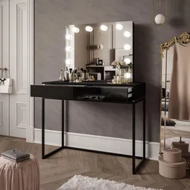 lookway SCHMINKTISCH BLANCO LOFT ELITE mit Spiegel und Beleuchtung Schwarz Hochglanz PUSH OPEN