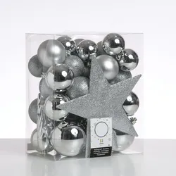Weihnachtskugeln mit Stern Baumspitze Christbaumkugeln bruchfest silber 33er Set