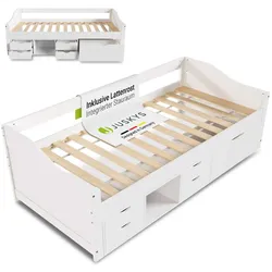 Juskys Funktionsbett Nalu 90x200 cm - Holz Bett mit Lattenrost & Schubladen - Stauraumbett Weiß