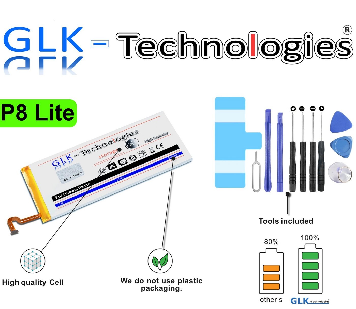 GLK-Technologies High Power Ersatzakku kompatibel mit Huawei P8 Lite HB3742A0EZC, Original GLK-Technologies Battery, accu, 2200 mAh Akku, inkl. Werkzeug Set Kit Smartphone-Akku 2200 mAh (3.8 V)
